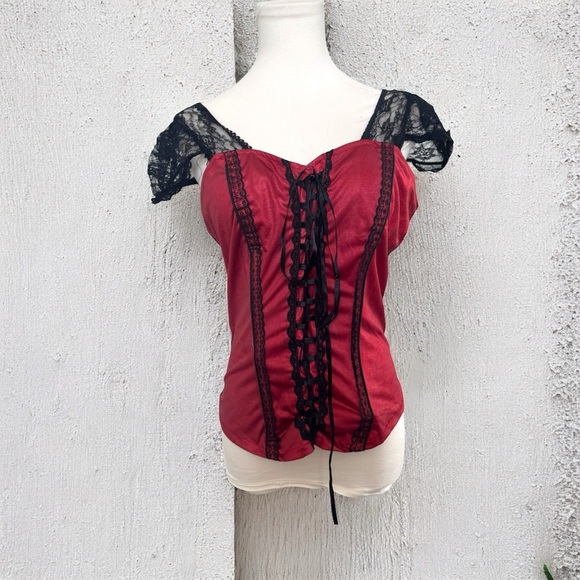 Elegant Red Lace-Up Women's Top Y2K vampy whimsigoth dark Fairycore M - Picture 1 of 7
